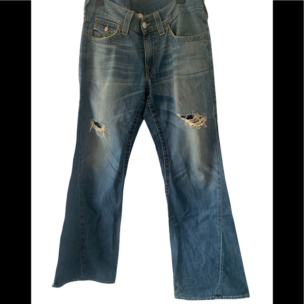 True Religion Joey Flare Leg Distressed Flap Pockets Jeans sz 34